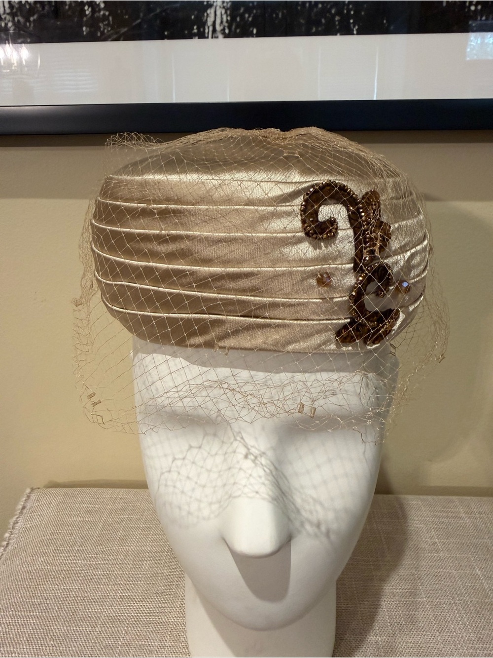 Vintage Jean Arlett Creations Gold Satin Pleated Pillbox Hat & Veil⁠